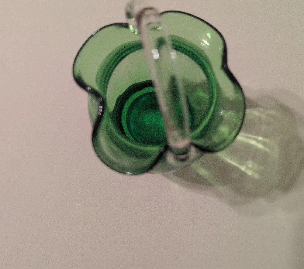 Green Pilgrim Glass Ruffled Rim Pitcher with Clear Handle